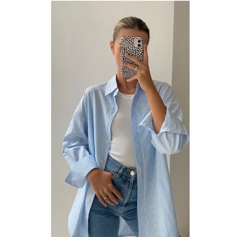 Relaxed Light Blue Striped Button-Down Shirt - Women's Oversized Top